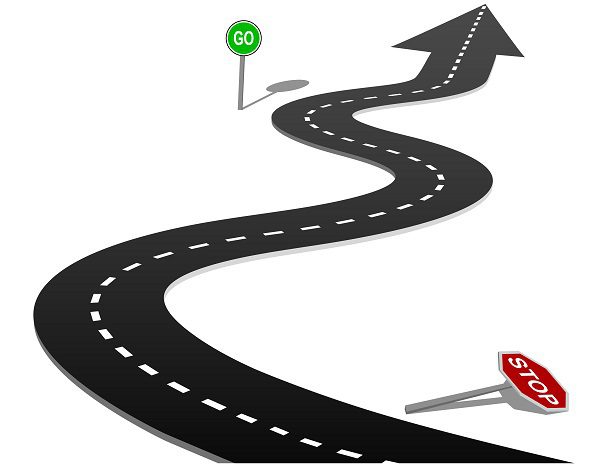 STOP and GO signs on curves of the highway forward to success